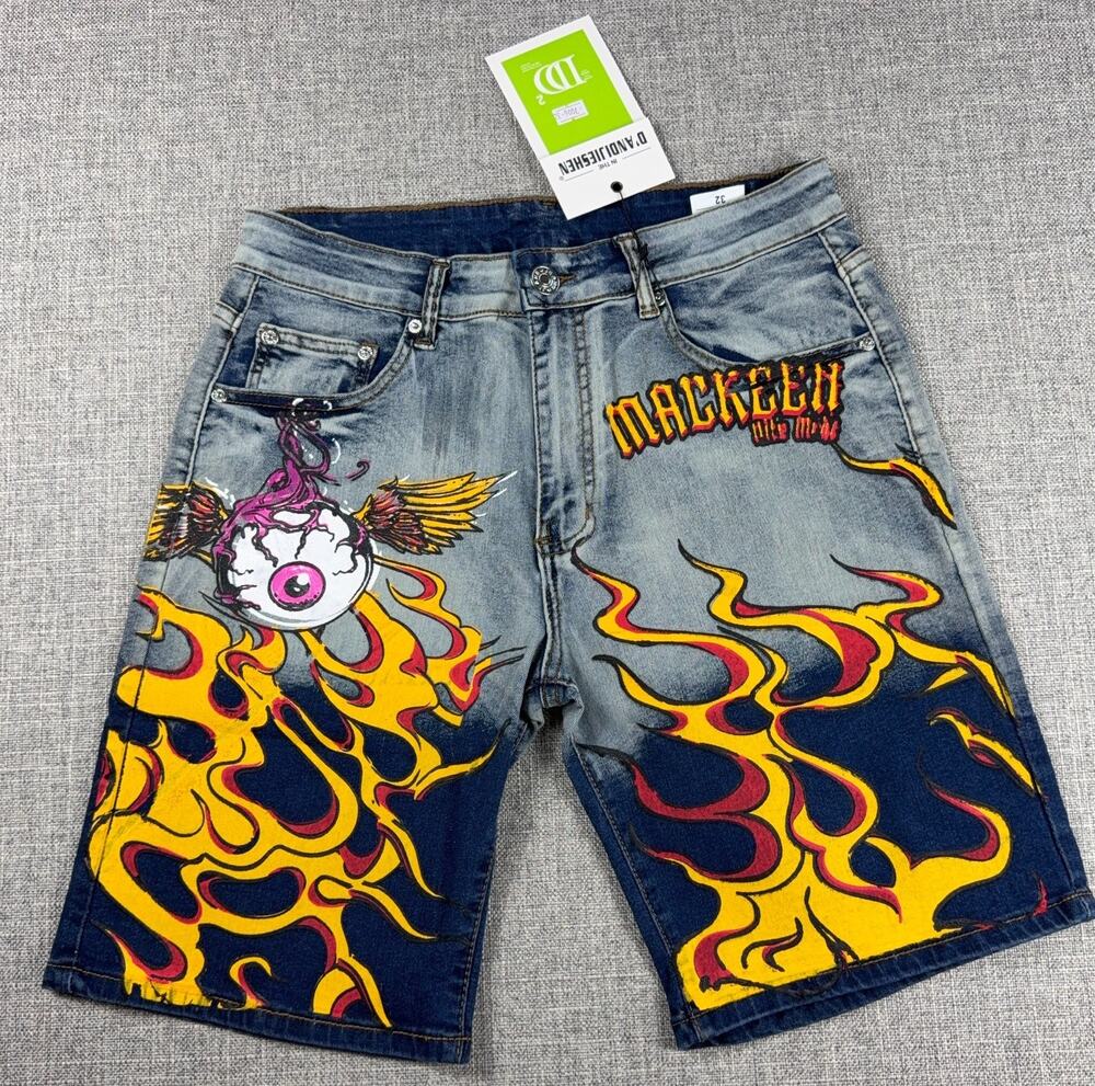 D'Andijieshen Mens 32 Denim Shorts NWT Flame Eyeball Graphic Y2K Streetwear